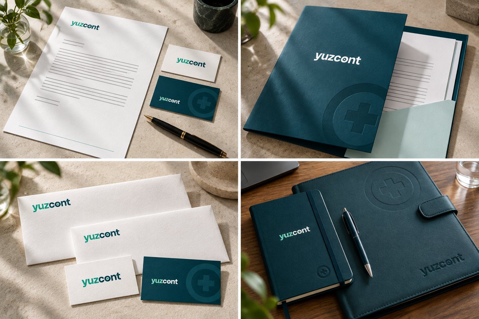 Papelaria Yuzcont com papel timbrado, cartões, envelopes e pasta